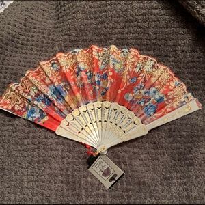 Vintage Accordion Hand Held Fabric Fan, NWT, Red